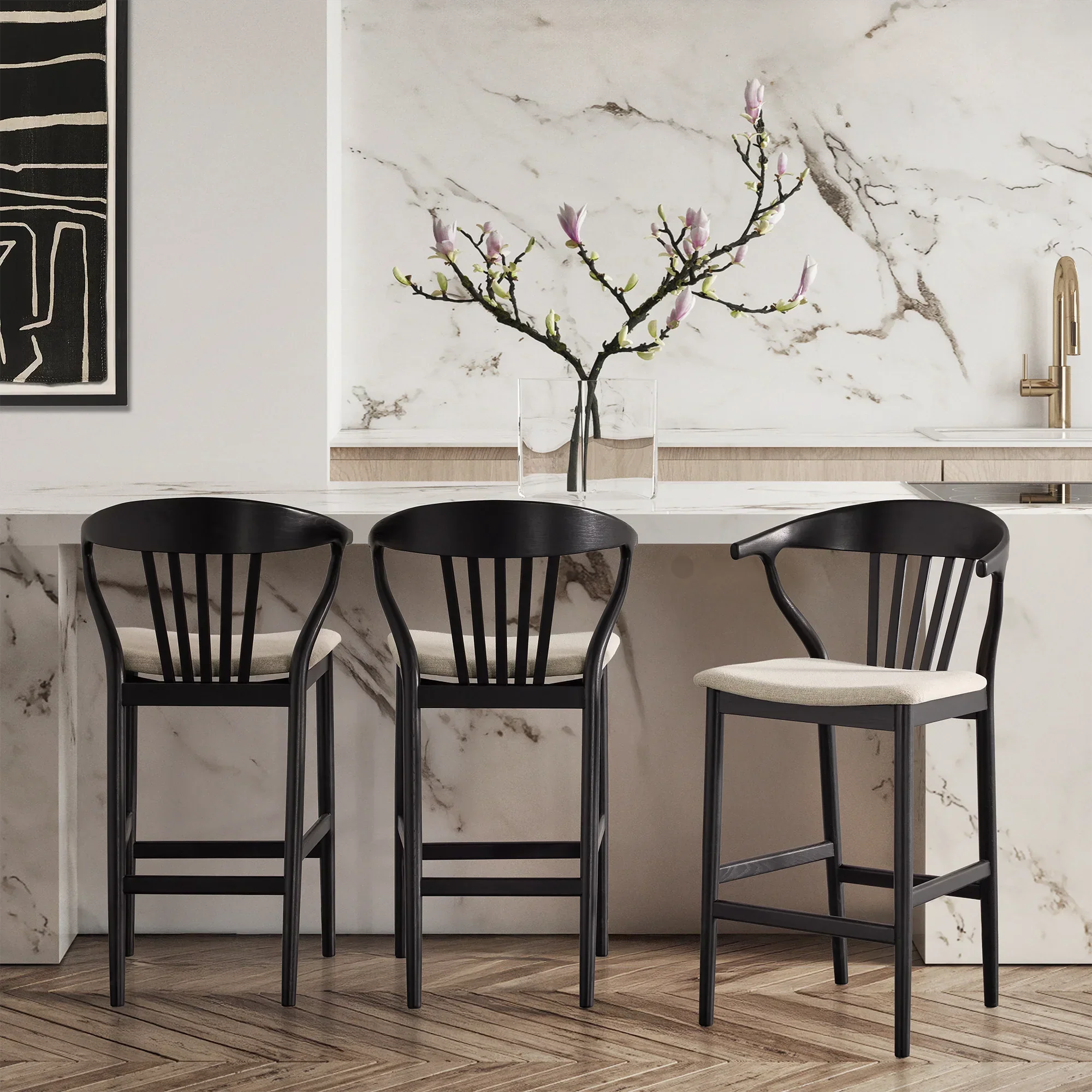 Nordic - Oak and Natural Fabric Stool - Image 5