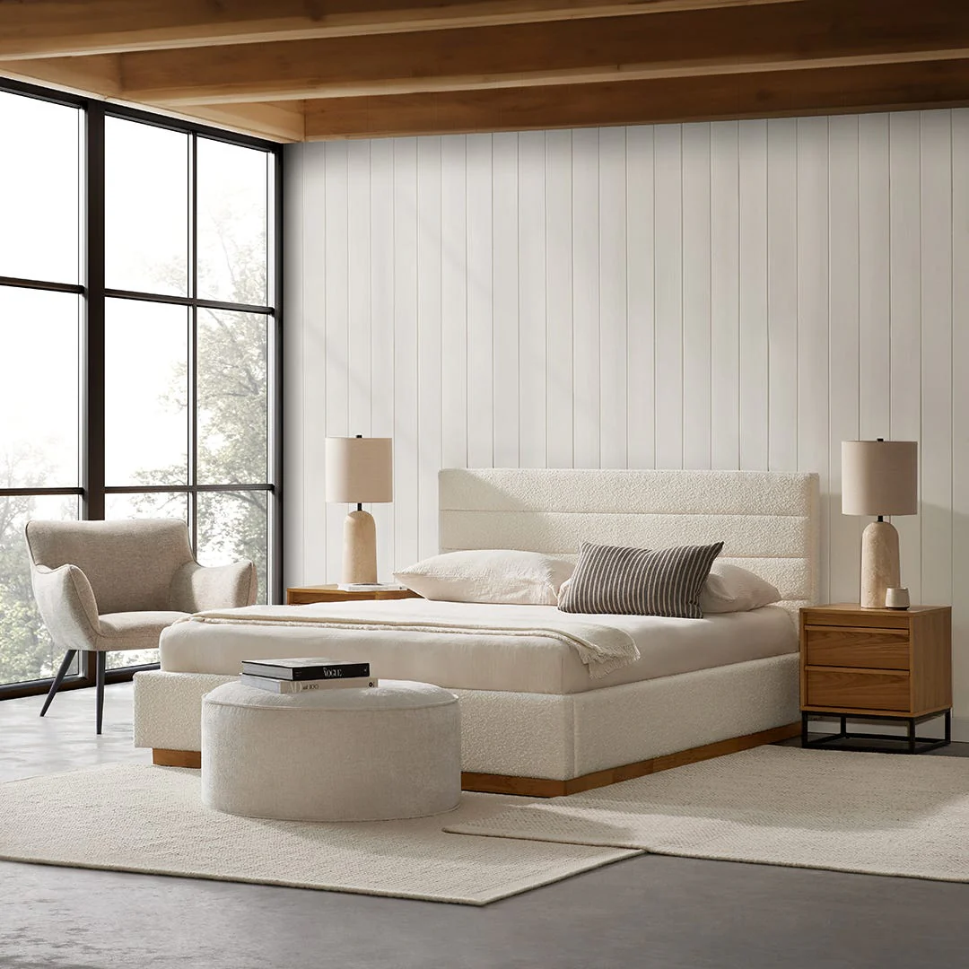 Plinth - Modern Ivory Bouclé Fabric Upholstered Bed - Image 2